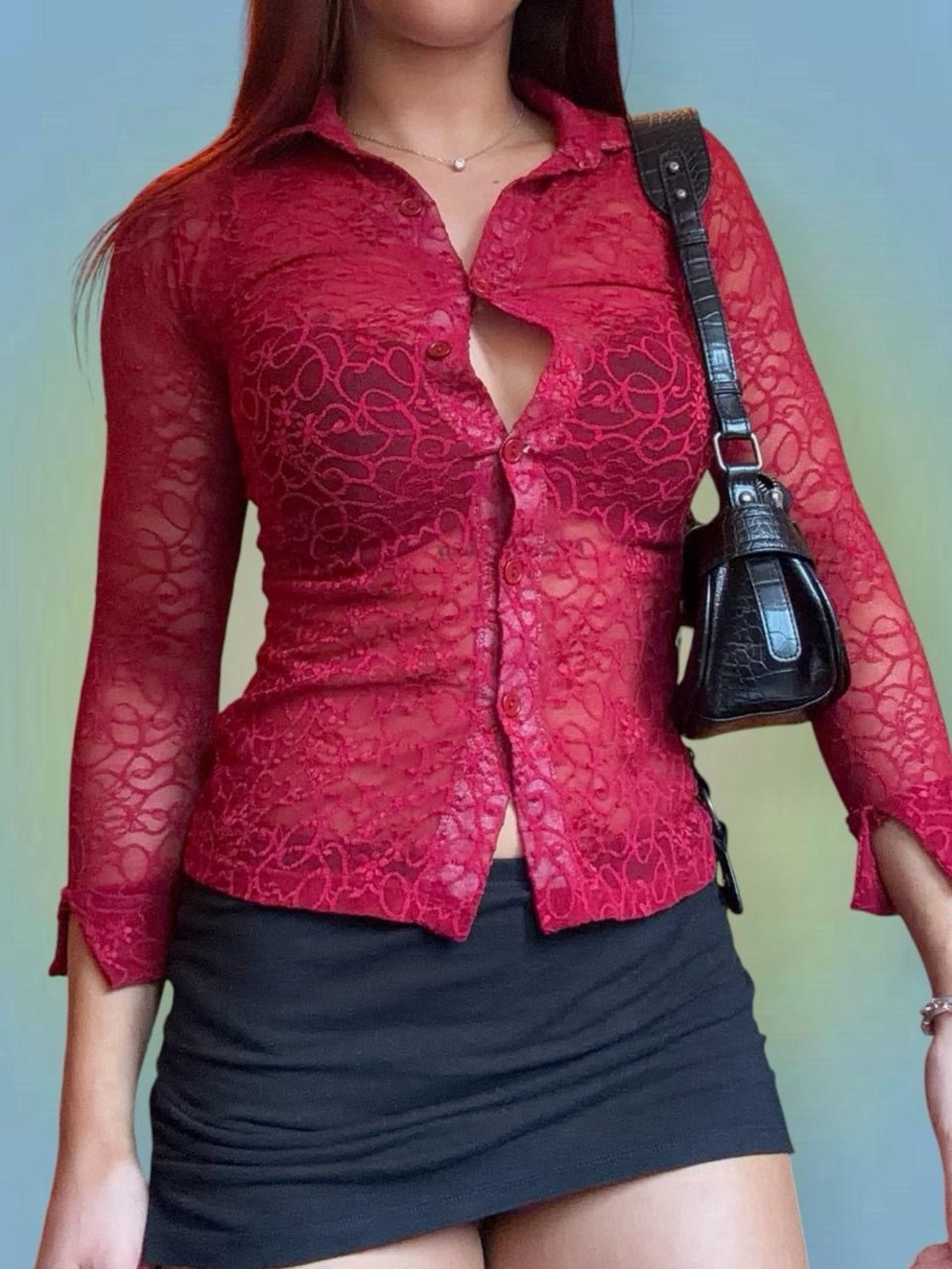 Lace Button-Front Sheer Top in Red